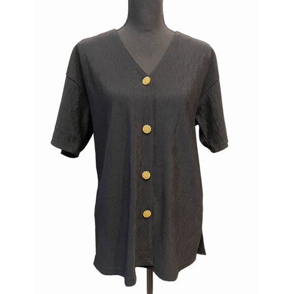 Vintage Colon black beaded button V-neck blouse tunic ribbed evening glam - Picture 1 of 8
